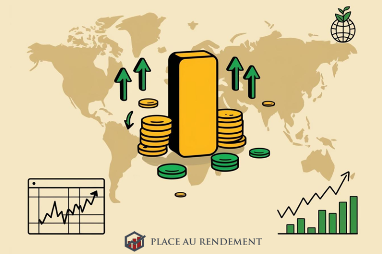 Pourquoi investir dans l’or en 2025 ? Illustration d’un lingot d’or avec des graphiques boursiers, représentant l’or comme actif refuge contre les crises.